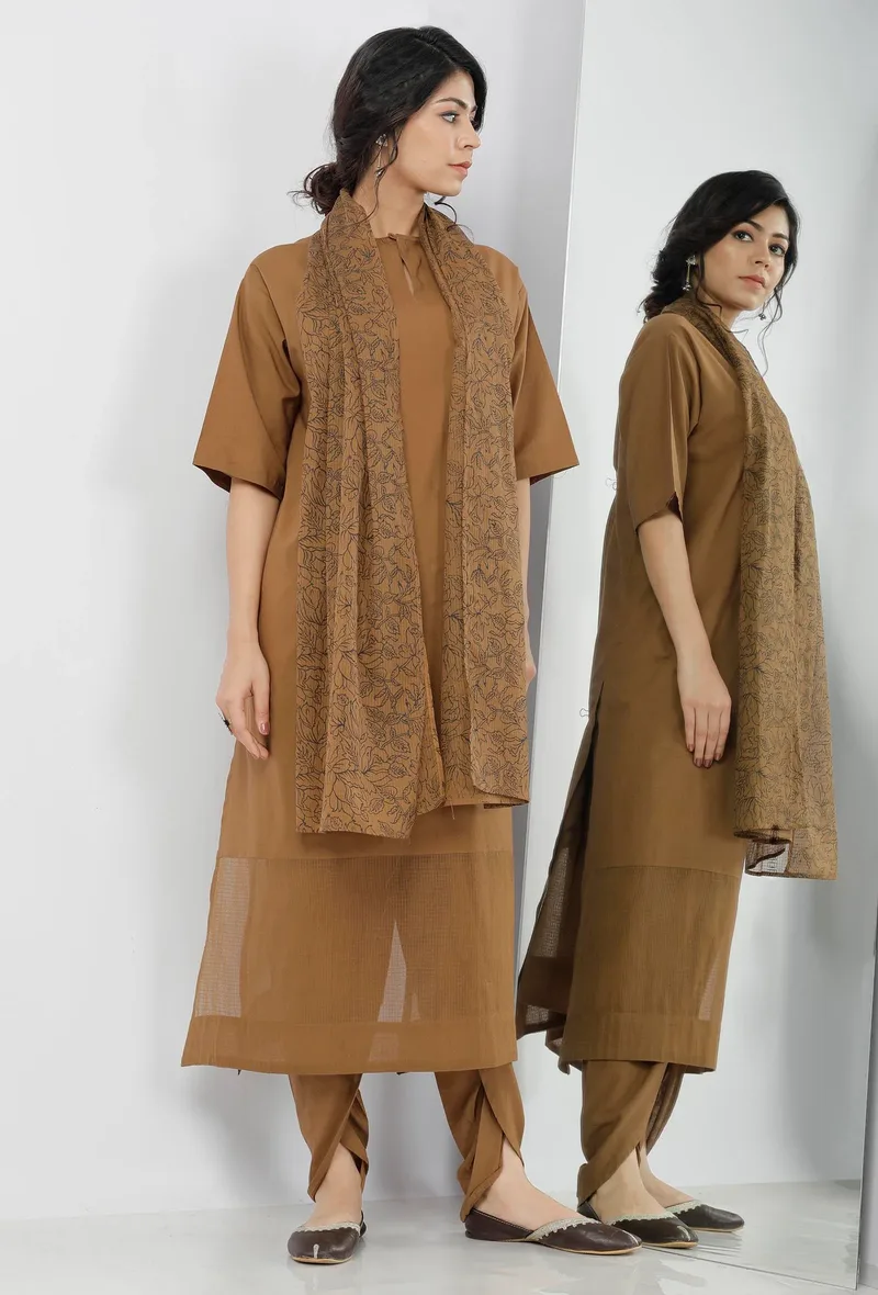 Set of 3: Kanak Beige Plain Round Neck Straight Fit Kota Bordered Cotton Kurta with Cotton Dhoti and Beige Floral Hand-Block Printed Kota Dupatta