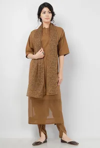 Set of 3: Kanak Beige Plain Round Neck Straight Fit Kota Bordered Cotton Kurta with Cotton Dhoti and Beige Floral Hand-Block Printed Kota Dupatta image 2