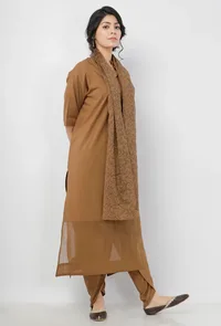 Set of 3: Kanak Beige Plain Round Neck Straight Fit Kota Bordered Cotton Kurta with Cotton Dhoti and Beige Floral Hand-Block Printed Kota Dupatta image 3