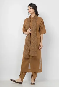 Set of 3: Kanak Beige Plain Round Neck Straight Fit Kota Bordered Cotton Kurta with Cotton Dhoti and Beige Floral Hand-Block Printed Kota Dupatta image 4