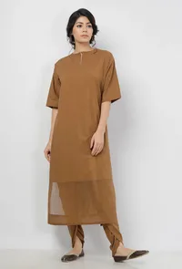 Set of 3: Kanak Beige Plain Round Neck Straight Fit Kota Bordered Cotton Kurta with Cotton Dhoti and Beige Floral Hand-Block Printed Kota Dupatta image 6