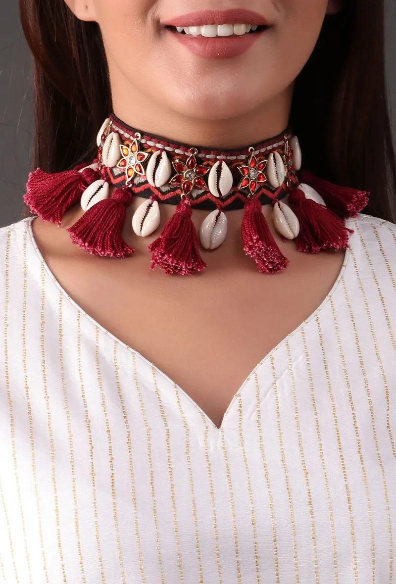 Ruby Red Thread Cowry Shell Kutch Choker