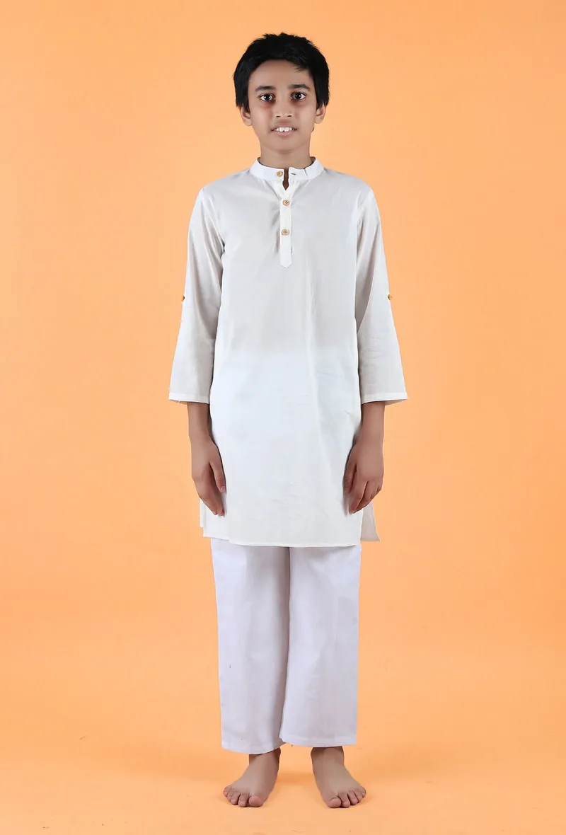 Set Of 2: Off-White Mulmul Kurta & Pant