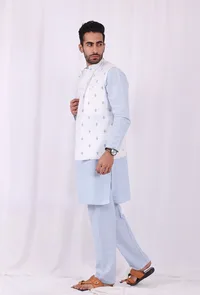 Set of 3: Blue Striped Cotton Kurta and Pajama  with Blue hand Block Printed Nehru Jacket image 3