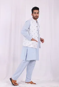 Set of 3: Blue Striped Cotton Kurta and Pajama  with Blue hand Block Printed Nehru Jacket image 4