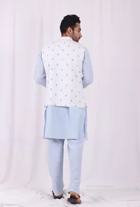 Set of 3: Blue Striped Cotton Kurta and Pajama  with Blue hand Block Printed Nehru Jacket image 5