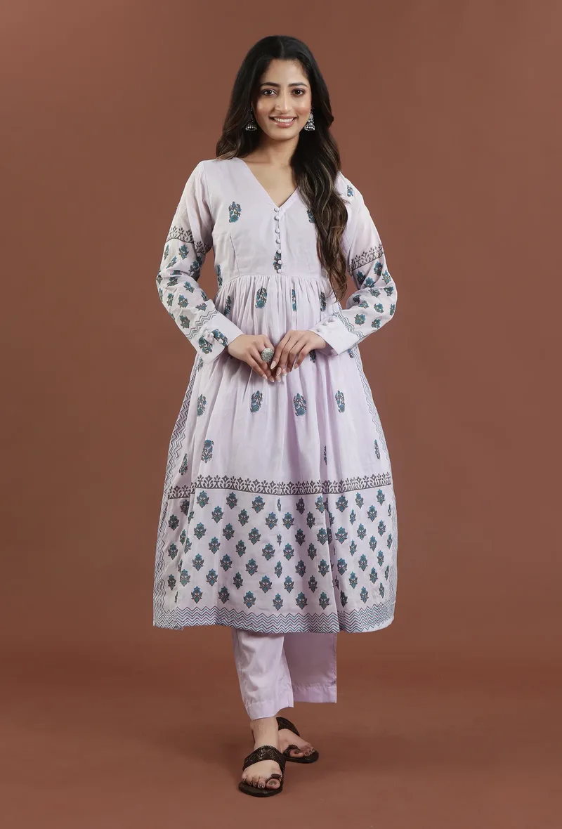Hand Block Printed Cotton Gathered Kurta