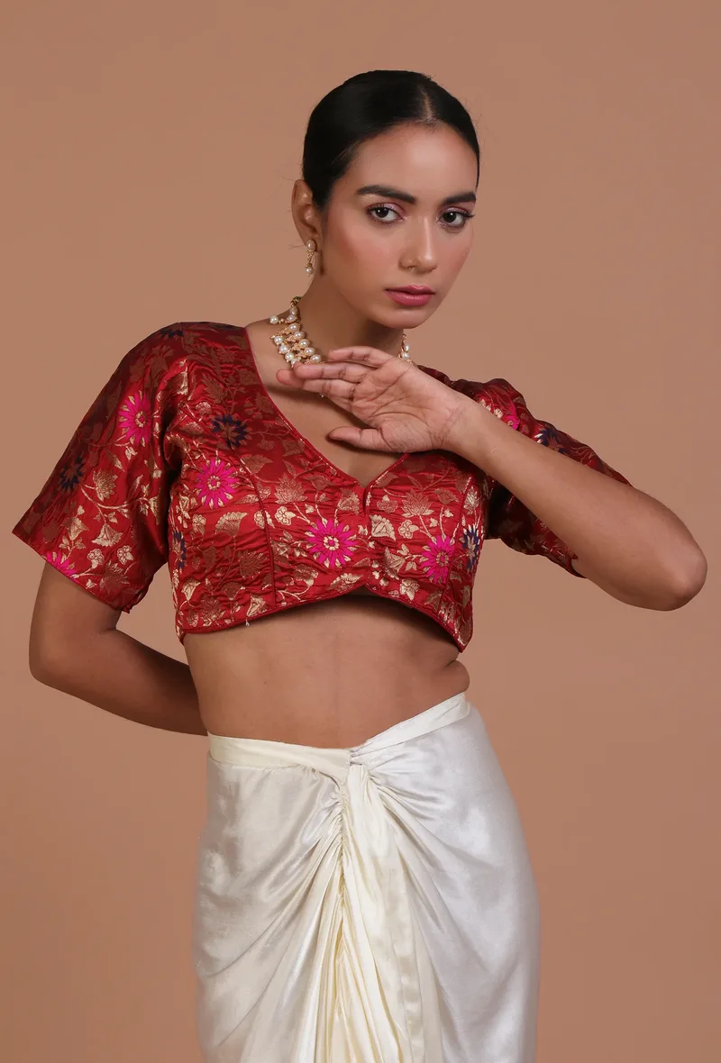 Red Color Raw Silk Embroidered Blouse