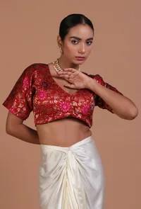 Red Color Raw Silk Embroidered Blouse image 1