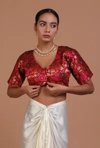 Red Color Raw Silk Embroidered Blouse image 4