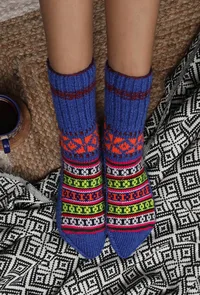 Azure Blue & Multi Hand Knitted Woolen Winter Socks image 1
