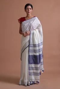 White & Blue Color Cotton Linen Saree With Unstitched Blouse image 1