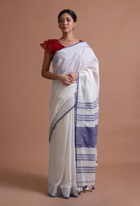 White & Blue Color Cotton Linen Saree With Unstitched Blouse image 2