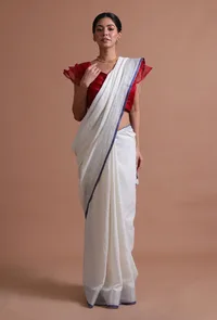 White & Blue Color Cotton Linen Saree With Unstitched Blouse image 3