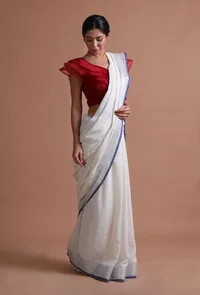 White & Blue Color Cotton Linen Saree With Unstitched Blouse image 4