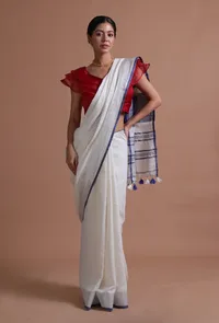 White & Blue Color Cotton Linen Saree With Unstitched Blouse image 5