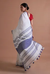 White & Blue Color Cotton Linen Saree With Unstitched Blouse image 6