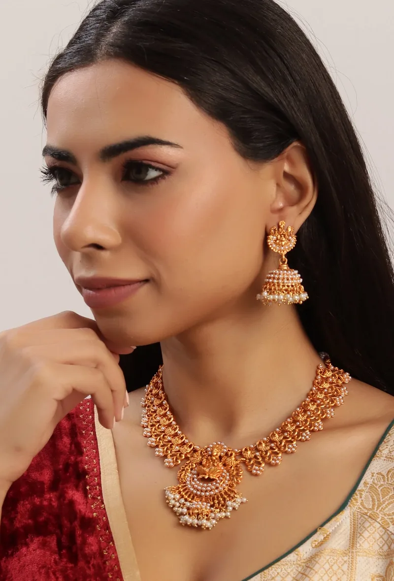 Laxmi Devi And Peacock Combination In Matte Finish With Pair Jhumkas And Beads Hanging