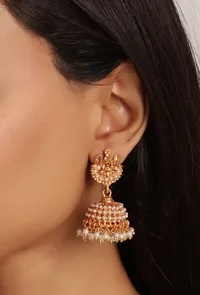 Laxmi Devi And Peacock Combination In Matte Finish With Pair Jhumkas And Beads Hanging image 2