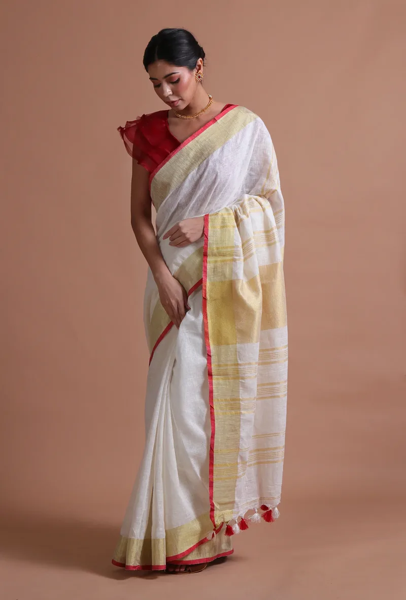 White Color Cotton Linen Saree With Unstitched Blouse