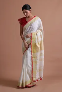 White Color Cotton Linen Saree With Unstitched Blouse image 1