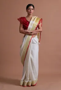 White Color Cotton Linen Saree With Unstitched Blouse image 2