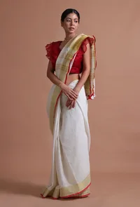 White Color Cotton Linen Saree With Unstitched Blouse image 3