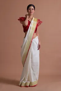 White Color Cotton Linen Saree With Unstitched Blouse image 4