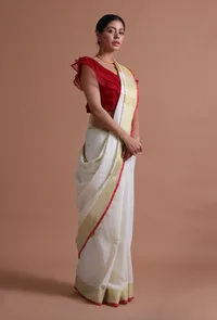 White Color Cotton Linen Saree With Unstitched Blouse image 5