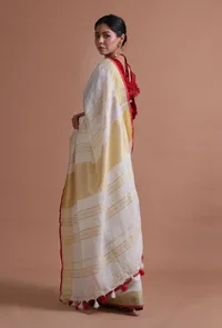 White Color Cotton Linen Saree With Unstitched Blouse image 6