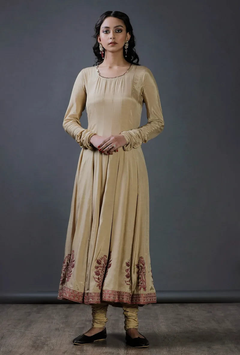 Set of 2 : Beige Modal Viscose Block Printed Kalidaar Kurta With  Chooridaar