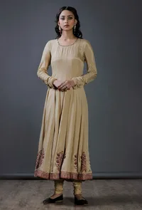 Set of 2 : Beige Modal Viscose Block Printed Kalidaar Kurta With  Chooridaar image 1