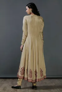 Set of 2 : Beige Modal Viscose Block Printed Kalidaar Kurta With  Chooridaar image 3