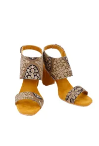 Medallion Yellow Ajrakh Cotton Strappy Block Heels In Suede image 1