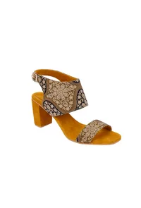 Medallion Yellow Ajrakh Cotton Strappy Block Heels In Suede image 2