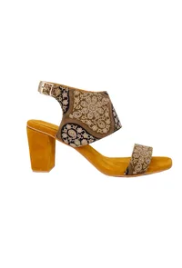 Medallion Yellow Ajrakh Cotton Strappy Block Heels In Suede image 3