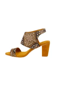 Medallion Yellow Ajrakh Cotton Strappy Block Heels In Suede image 4