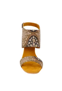 Medallion Yellow Ajrakh Cotton Strappy Block Heels In Suede image 5