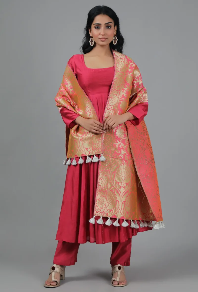 Salmon Pink Chanderi Brocade Dupatta