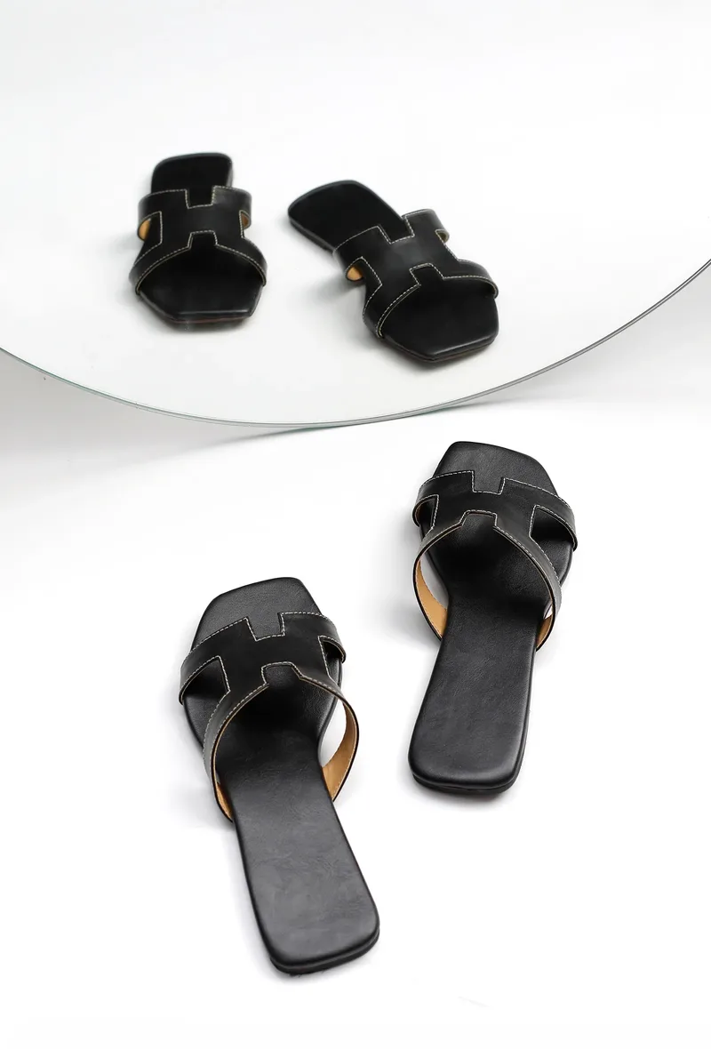 Boho Black Cruelty Free Leather Sliders