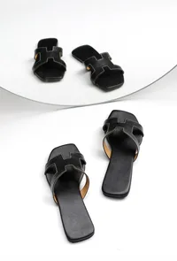 Boho Black Cruelty Free Leather Sliders image 1