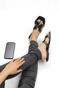 Boho Black Cruelty Free Leather Sliders image 2