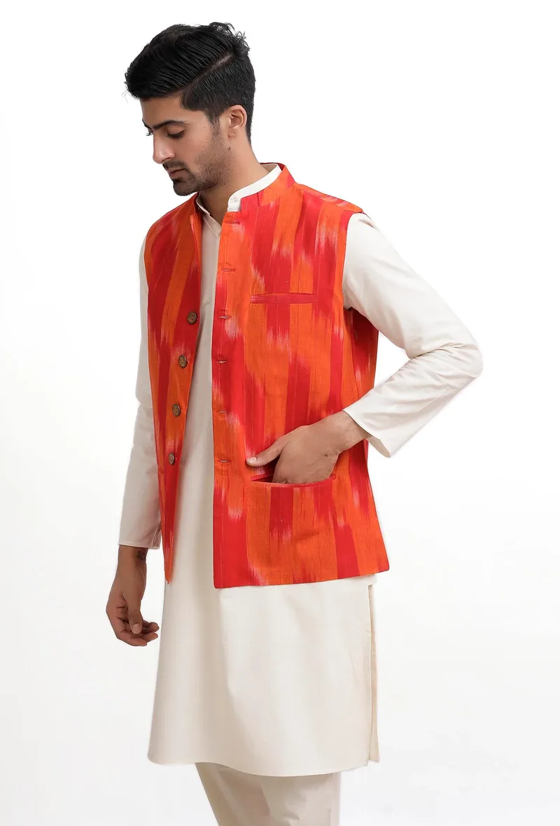 Tangerine Orange Ikat Nehru Jacket