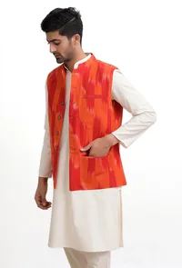 Tangerine Orange Ikat Nehru Jacket image 1