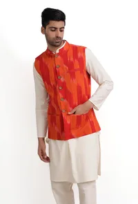 Tangerine Orange Ikat Nehru Jacket image 2
