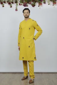 Set Of 2: Bright Yellow Cotton Block Print Kurta and Pyjama image 1