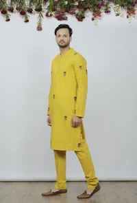 Set Of 2: Bright Yellow Cotton Block Print Kurta and Pyjama image 3