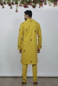 Set Of 2: Bright Yellow Cotton Block Print Kurta and Pyjama image 4