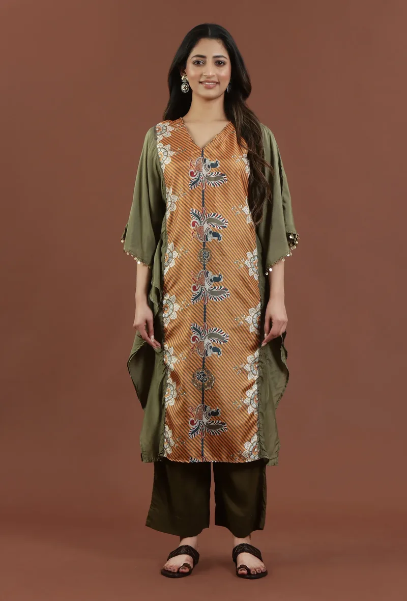Set of 2: Elegant Olive Green Kalamkari Printed Muslin Silk Kaftan Kurta with Shantoon Pants Set