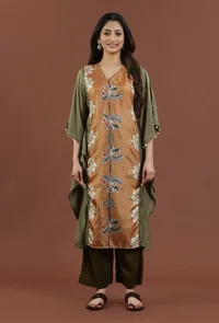 Set of 2: Elegant Olive Green Kalamkari Printed Muslin Silk Kaftan Kurta with Shantoon Pants Set image 1